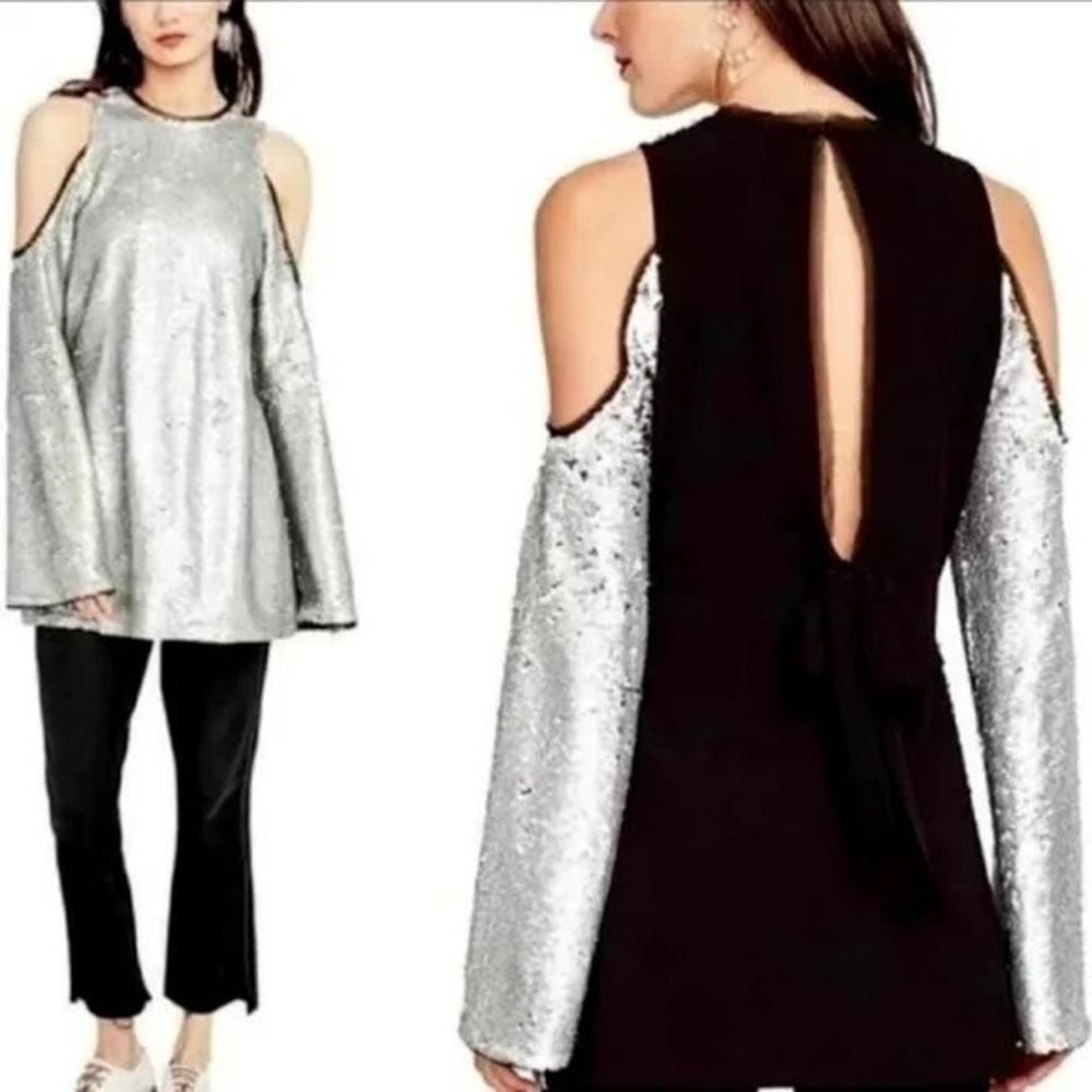 NWT Rachel Roy Silver Sequined Cold Shoulder Tunic Top Size Small